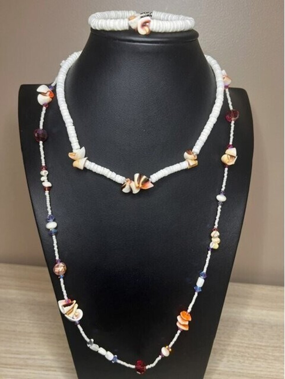 B6837 3pc lot Heishi Shell Necklace / Bracelet Glass Beads Coastal Beachy